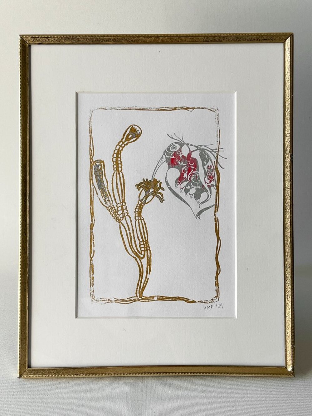 Original Ink Painting Surreal Hummingbird Botanical Art Gold Silver Signed Frame
